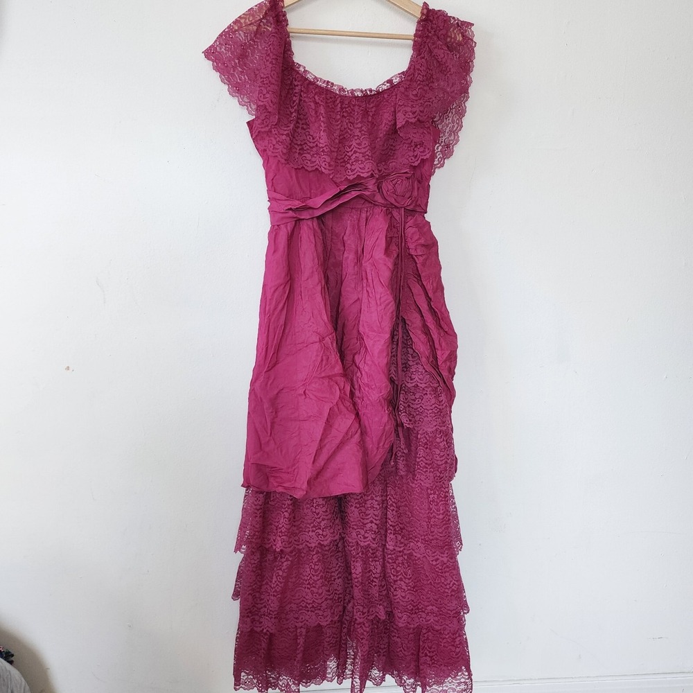 Womens Vintage Tiered Lace Ruffled Dress Handmade Tea Party Burgundy Pink Garden